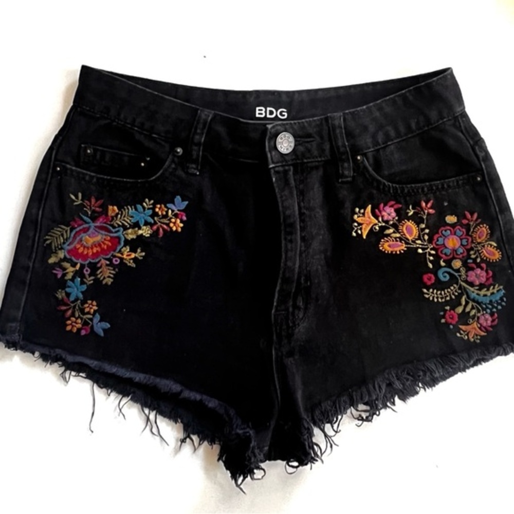 BDG Black Floral Embroidered Jean Shorts